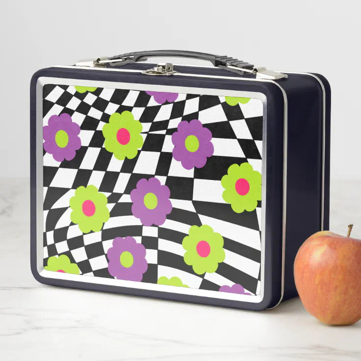 Metal Lunchbox with Retro Checkers and Flowers | Zazzle