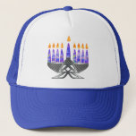 Metal Menorah Hats<br><div class="desc">Digital Chanukah art - hammered metal menorah with patterned purple candles,  all burning.</div>