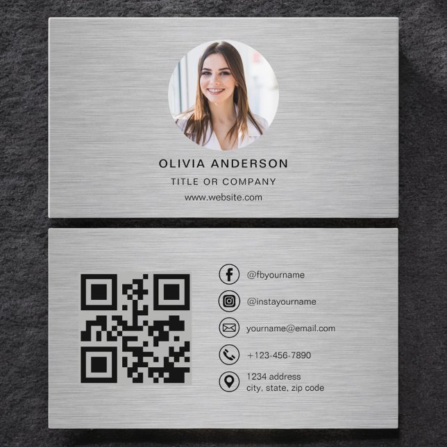 Metal Minimalist Photo with QR Code Social Media Business Card (Creator Uploaded)