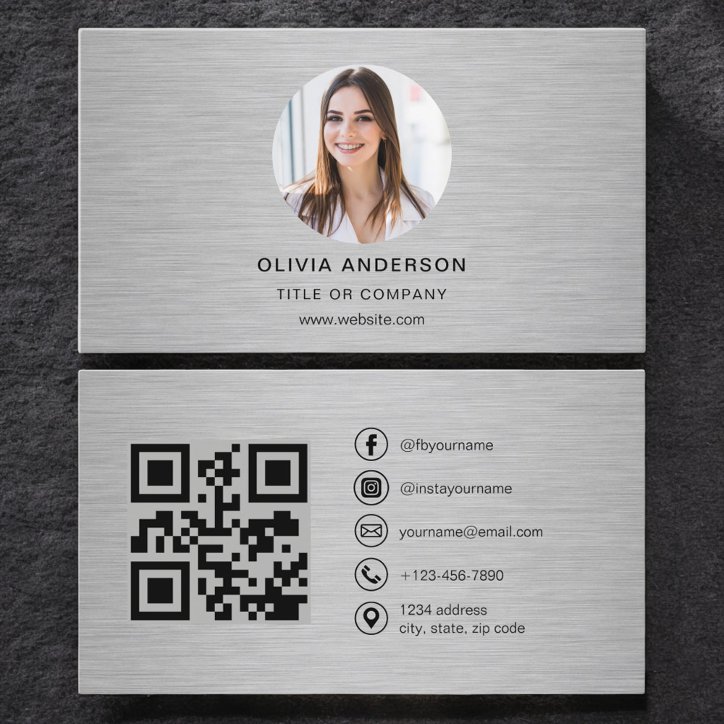 Metal Minimalist Photo With QR Code Social Media Business Card
