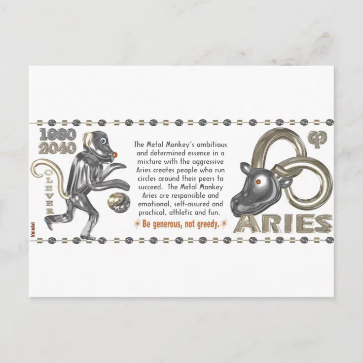Metal Monkey zodiac born Aries 1980 Postcard | Zazzle