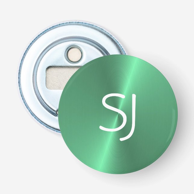 Metal monogram green shiny bottle opener (Front)