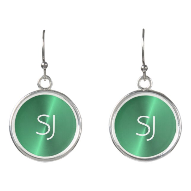Metal monogram green shiny earrings (Front)