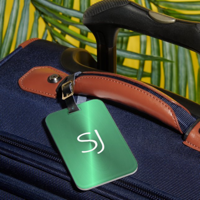 Metal monogram green shiny luggage tag (Front Insitu 1)