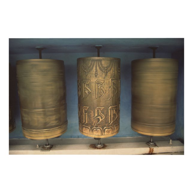 Metal Prayer Wheels Wood Wall Art (Front)