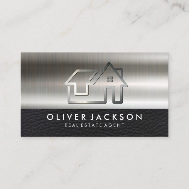 Metal Real Estate Home Icon | Leather Metallic Business Card (Front)