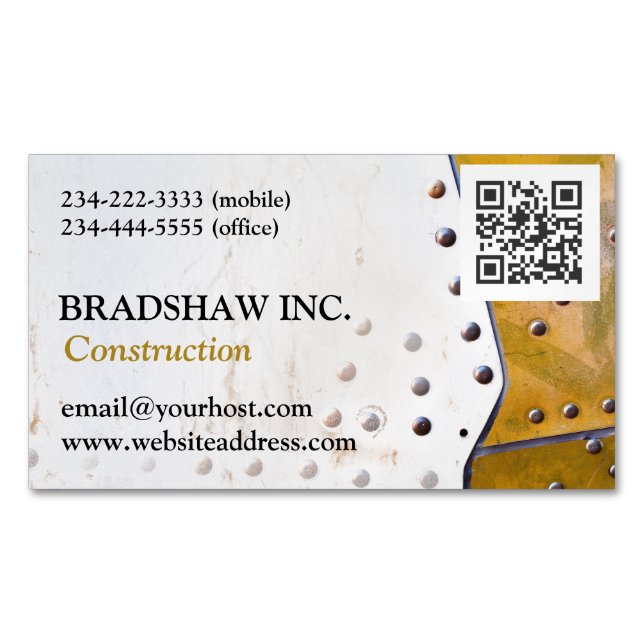 Metal Rivets Grunge QR Code Construction Magnetic Business Card (Front)