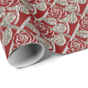 Metal Roses-03-Red Silver-Gift Wrapping Paper