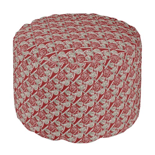 Metal Roses 03 Red Silver_Round Pouf Seat