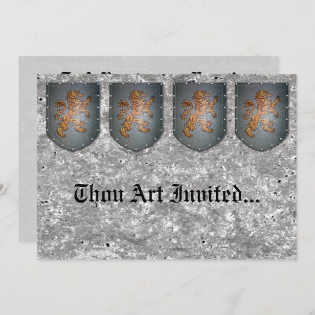Metal Shield Lion Gray Faux Stone Invitation (Front/Back)