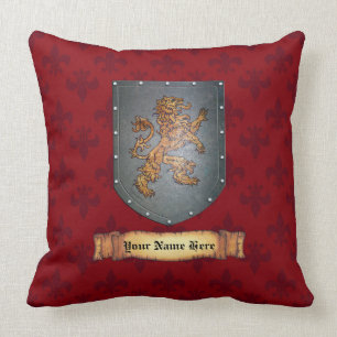 Metal Shield Lion Red Throw Pillow