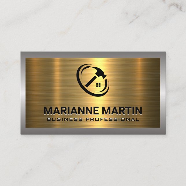 Metal Silver Gold Brushed | Home Hammer Logo Business Card (Front)