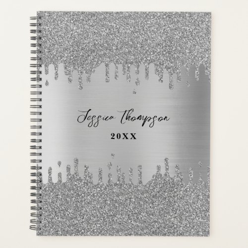 Metal Silver Gray Glitter Drips Signature Script Planner