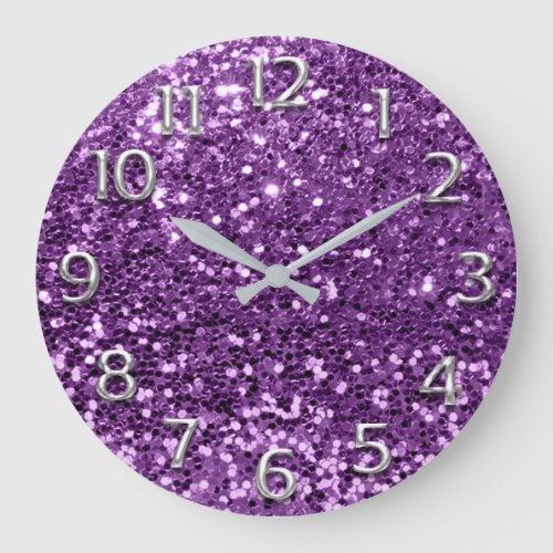Metal Silver Gray Grey Arabic Numbers Purple Plum Large Clock
