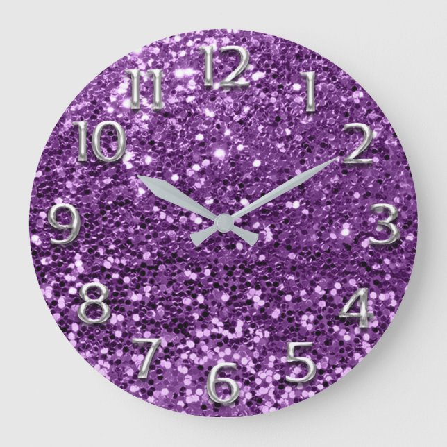 Metal Silver Gray Grey Arabic Numbers Purple Plum Large Clock (Front)