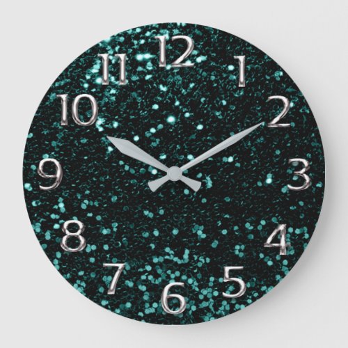 Metal Silver Gray Grey Arabic Numbers Teal Aqua Large Clock