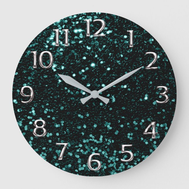 Metal Silver Gray Grey Arabic Numbers Teal Aqua Large Clock (Front)