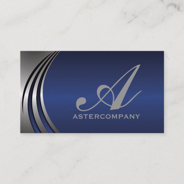Metal silver grey blue eye-catching, monogram business card (Front)