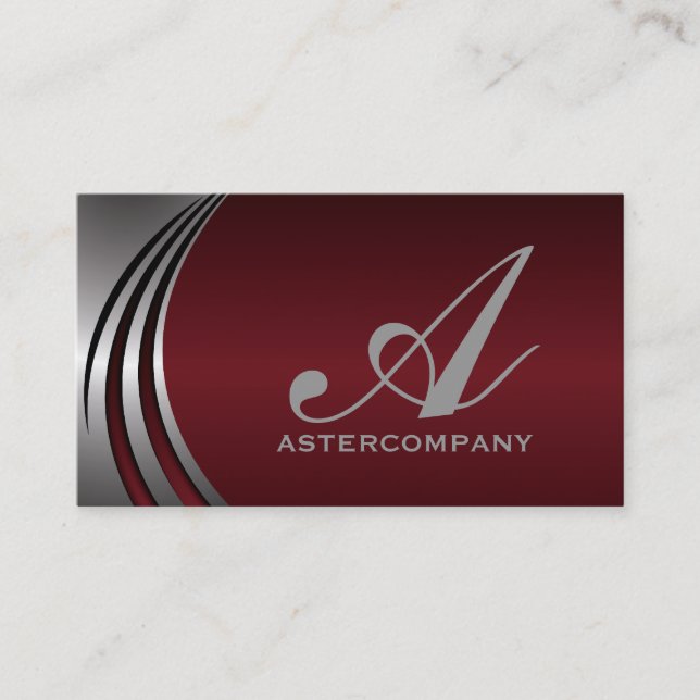 Metal silver grey burgundy red, monogram business card (Front)