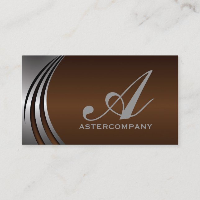 Metal silver grey chocola brown, monogram business business card (Front)