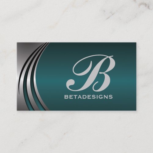 Metal silver grey, dark teal eye-catching monogram business card