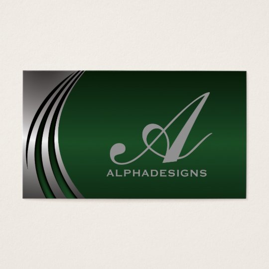 Metal silver grey, green eye-catching monogram business card