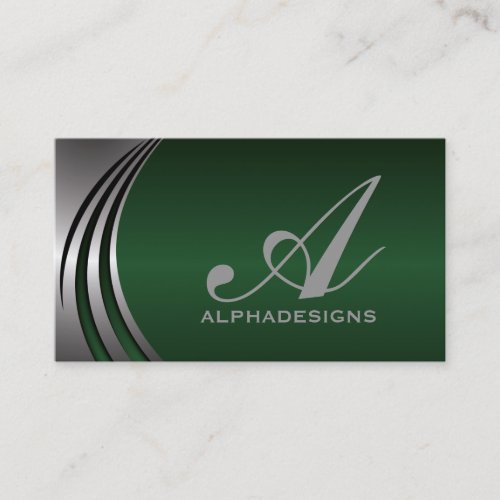 Metal silver grey, green eye-catching monogram business cards