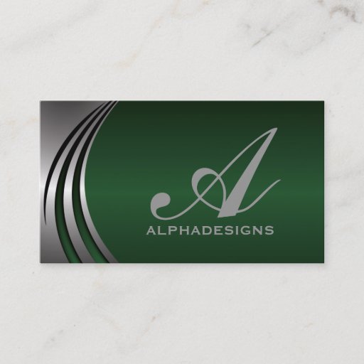 Customizable Metal silver grey, green eye-catching monogram business cards