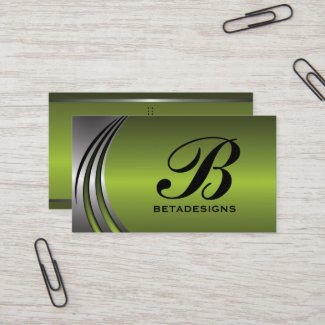 Metal silver grey, green eye-catching monogram business card