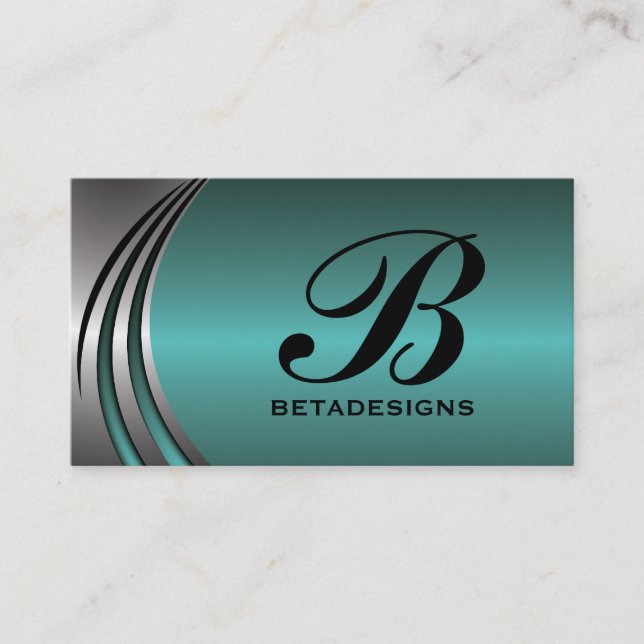 Metal silver grey teal, eye-catching monogram business card (Front)