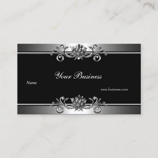 Customizable Metal Silver Look Black Elegant Jewel Floral Business Cards