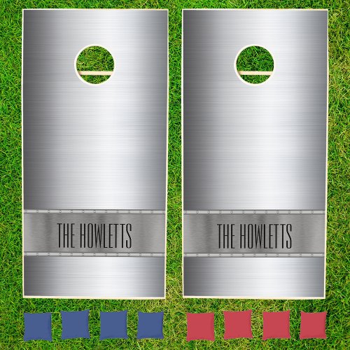 Metal Silver Look Modern Sleek Personalized Cornhole Set