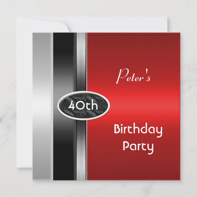 Metal Silver Red Mens 40th Birthday Party Man Invitation (Front)