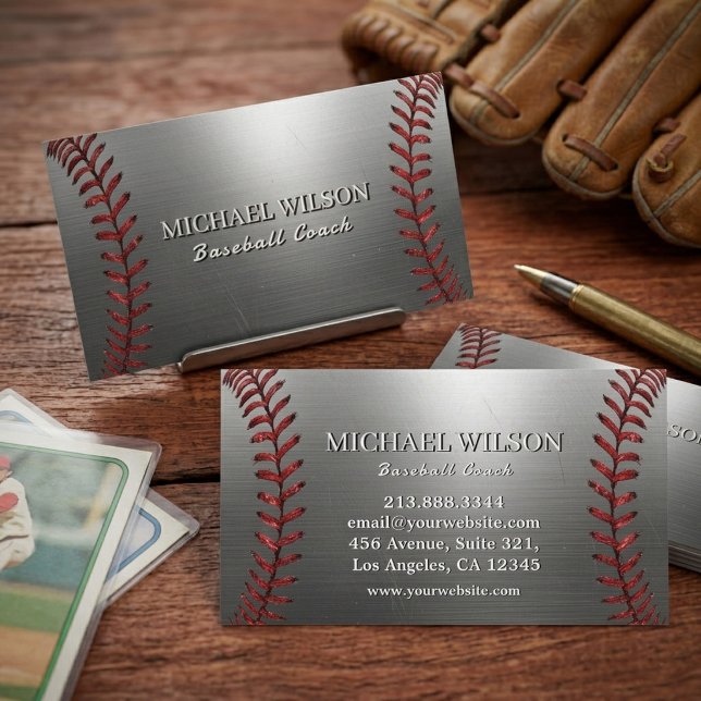 Metal Silver & Red Stitch Design Baseball Coach    Business Card (Creator Uploaded)