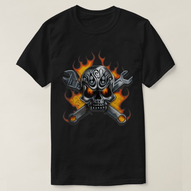 Metal Skull Wrench Flames Mechanic Men T-Shirt (Design Front)