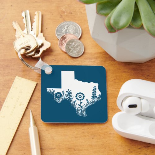 Metal Square Keychain Texas Outline Ocean Blue