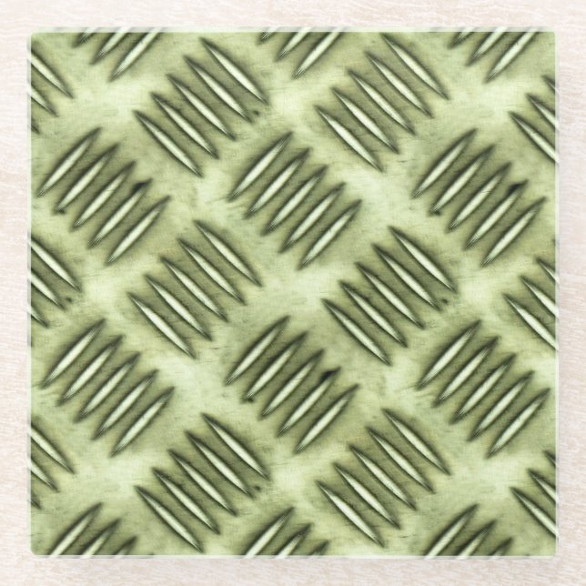 Metal Steel Checkered Flooring Diagonal Texture Glass Coaster (Front)