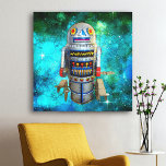 Metal toy robot blue bubble galaxy vintage retro canvas print<br><div class="desc">I love cute, retro faces on vintage, childhood metal toy wind-up robots. Here’s one of my favorites, set against a turquoise blue bubble galaxy sky. Add some style to your room with this fun, colorful, photo illustration canvas wall art. Makes a great, trendy gift, even for yourself! You can easily...</div>
