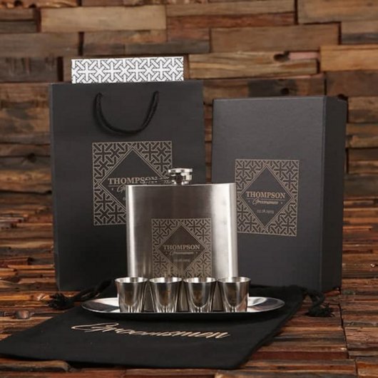 Metal Tray & Shot Glass Set with 18 oz. Hip Flask (Front)