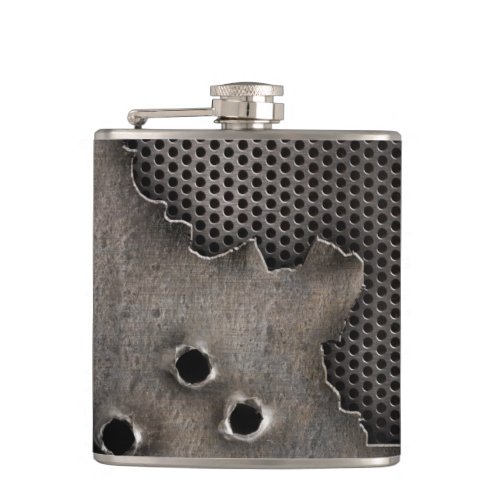 Metal with bullet holes background hip flask