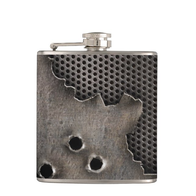 Metal with bullet holes background hip flask (Front)