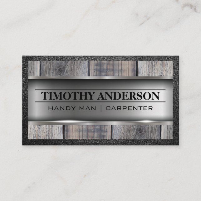Metal Wood | Building Material | Leather Border Business Card (Front)