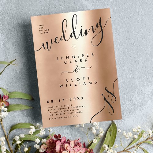 Metalic rose gold handwritten black script wedding invitation