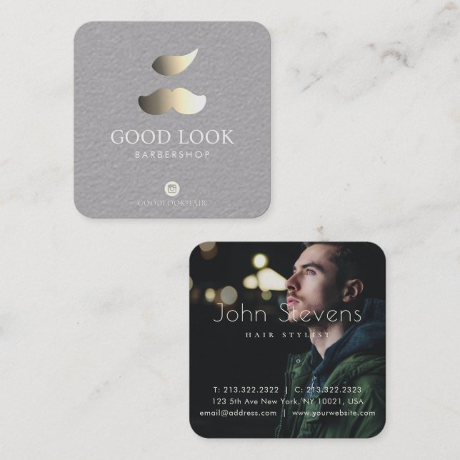 Metalic Silver and Golden Mustache Hair Barber Square Business Card (Front/Back)