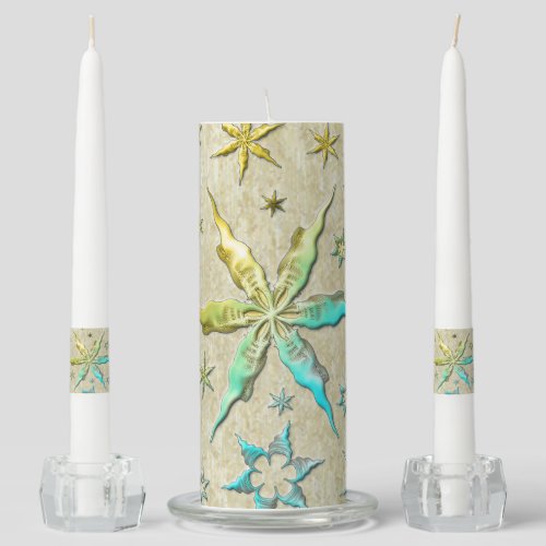 metalic starfishs embossed texturized cool sweet unity candle set