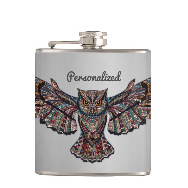 Metalized Owl Art Hip Flask (Front)