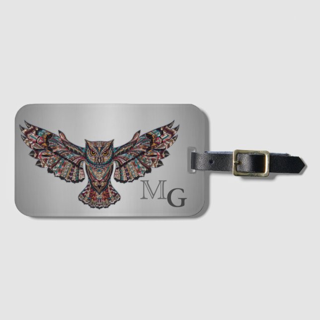 Metalized Owl Art Monogram Luggage Tag (Front Horizontal)
