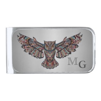 Metalized Owl Art Monogram Silver Finish Money Clip by LouiseBDesigns at Zazzle