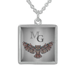 Metalized Owl Art Monogram Sterling Silver Necklace