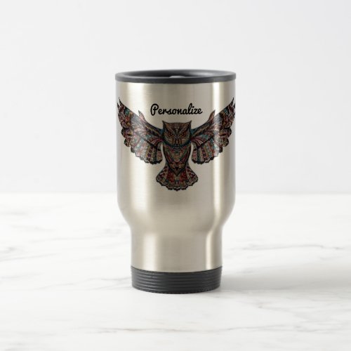 Metalized Owl Art Personalised Travel Mug